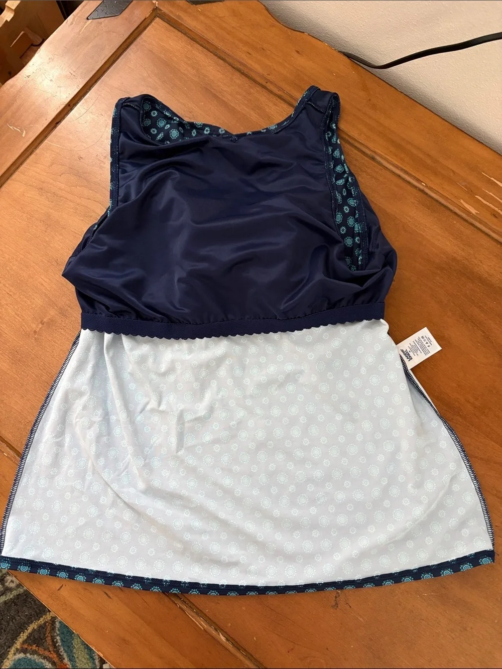 Lands' End NWT Navy Tankini with Teal Dot Medallion Print Size 18